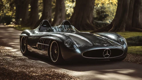 Photorealistic vintage roadster on woodland driveway, low-slung profile.