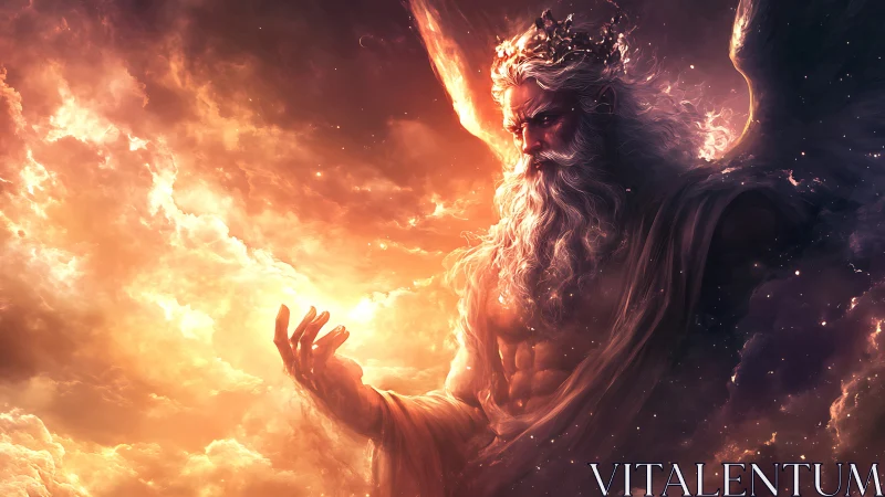 Mythic sky deity sculpting radiant celestial firestorm.