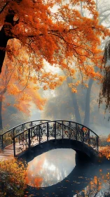 Autumn footbridge over calm misty forest stream.