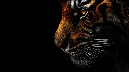 Dramatic tiger profile emerges from darkness in fierce focus