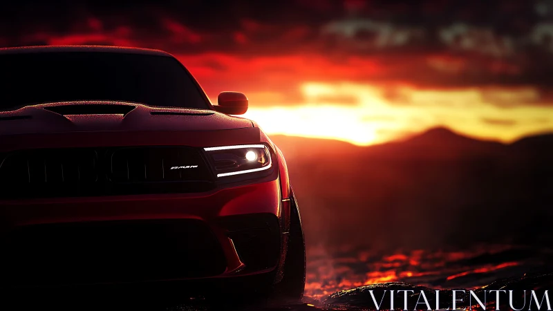 Fiery red sports car welcomes the open road at sunset