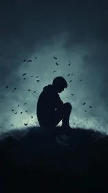 Lonely silhouette sits on hill as dark butterflies circle sky