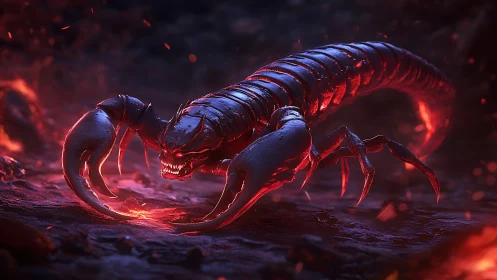 Demonic lava scorpion prowls a burning volcanic underworld