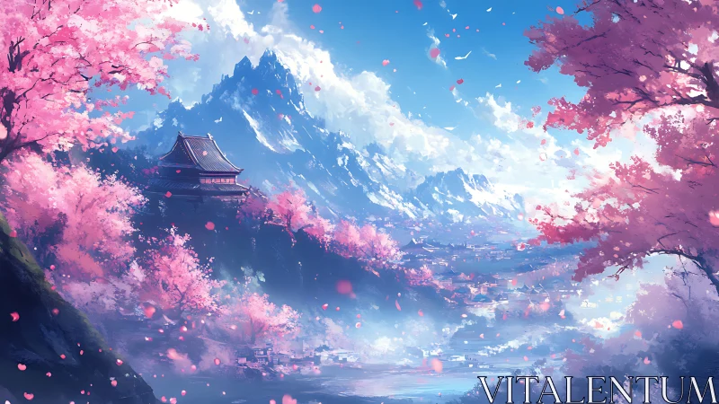 Blossom valley beneath snowcapped peaks at morning calm.