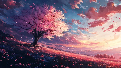 Solitary blossom tree on sloped meadow under sunset sky.