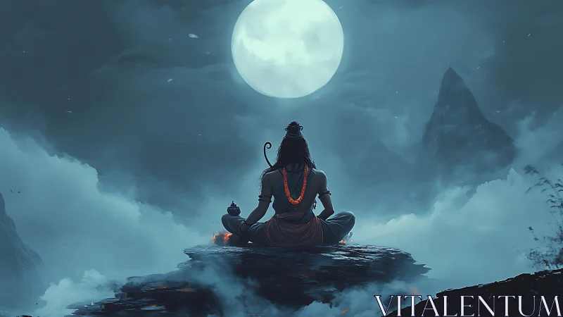 Meditating ascetic silhoutte under luminous full moon on peak