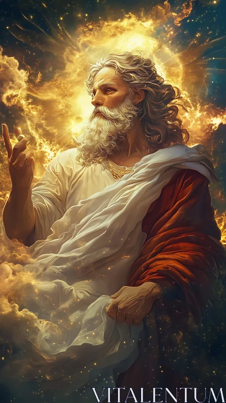 Elderly robed figure stands in glowing cosmic cloud halo