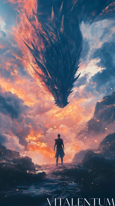 Lone warrior confronts colossal fire dragon in storm sky.
