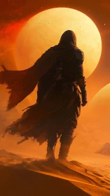Hooded wanderer crossing orange desert beneath twin moons.