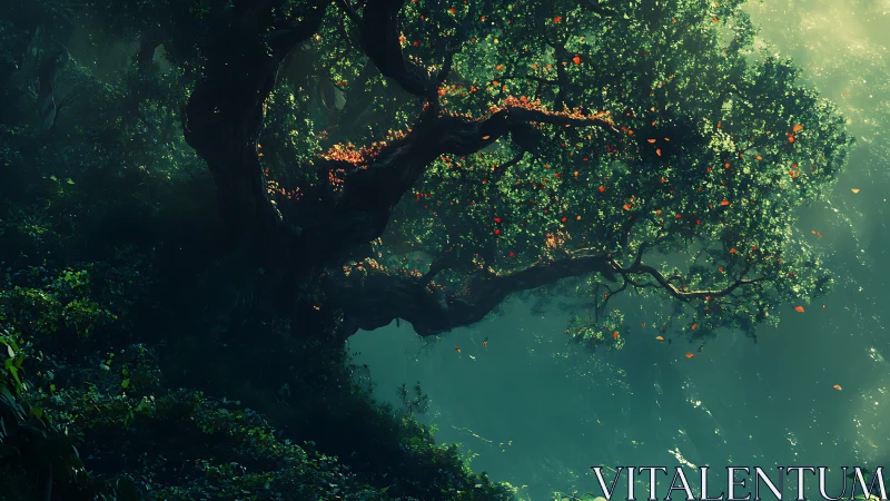 Twisted forest tree over steep slope in filtered daylight.