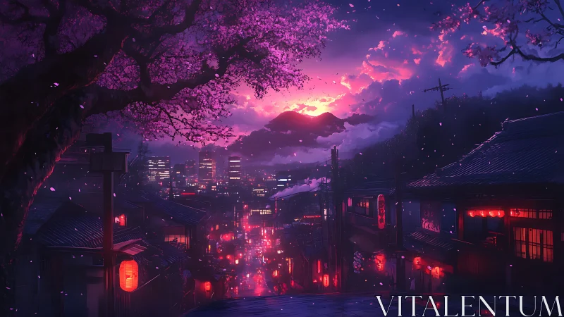 Neon lantern street under cherry blossoms at cyber dusk.