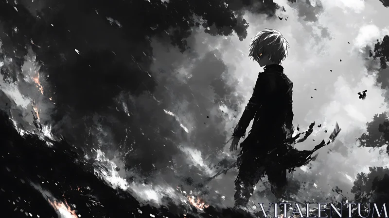 Solitary white‑haired figure stands amid smoldering ruins.