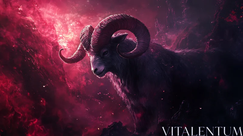 Celestial ram strides through glowing crimson nebula field