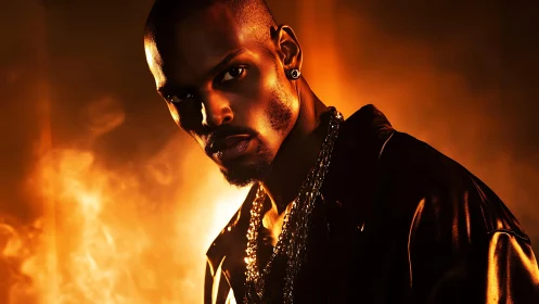 Moody portrait of stylish man in fiery golden backlight.