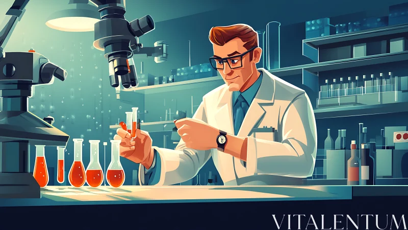 Scientist conducts precise chemical tests in neon lab