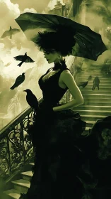 Gothic lady with ravens on misted staircase at dusk.