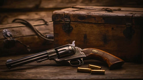 Photorealistic antique revolver still life with wooden chests.