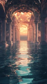 Sunken marble colonnade dreaming under molten skies.
