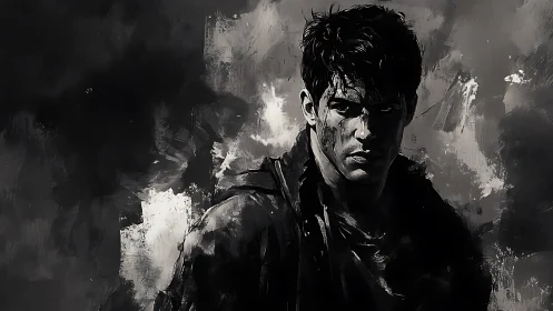 Storm-lit warrior studies the shadows with fierce resolve