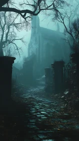Fog-drenched gothic chapel with wet cobblestone approach path