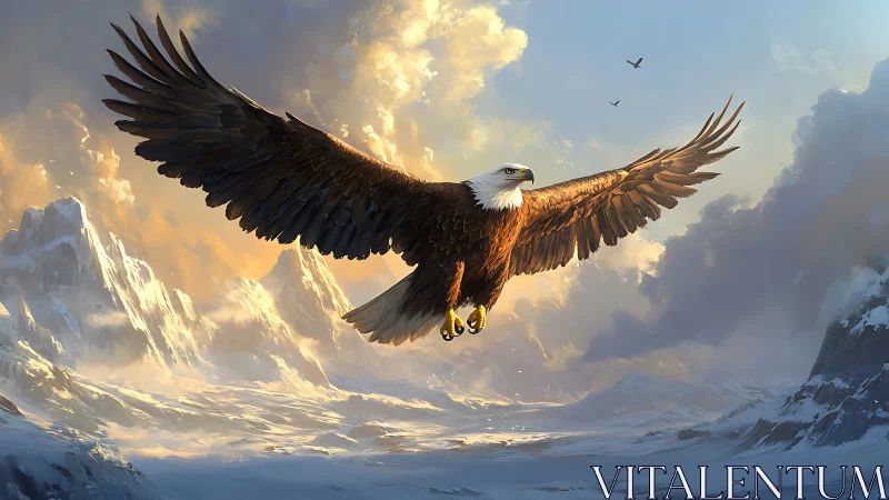 Majestic Bald Eagle Soaring Over Snowy Mountains at Sunrise.