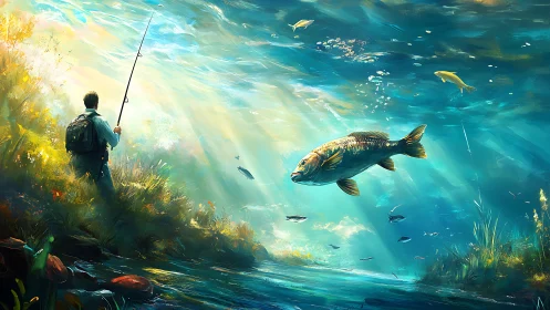 Angler beside riverbank watching luminous underwater world.