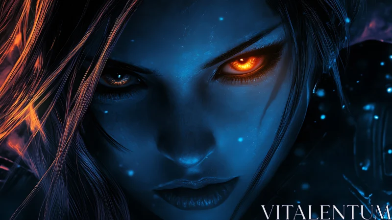 Intense blue faced character with glowing orange eyes closeup