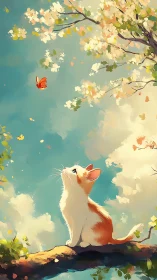 Springlit kitten observing butterfly amid blooming branches.