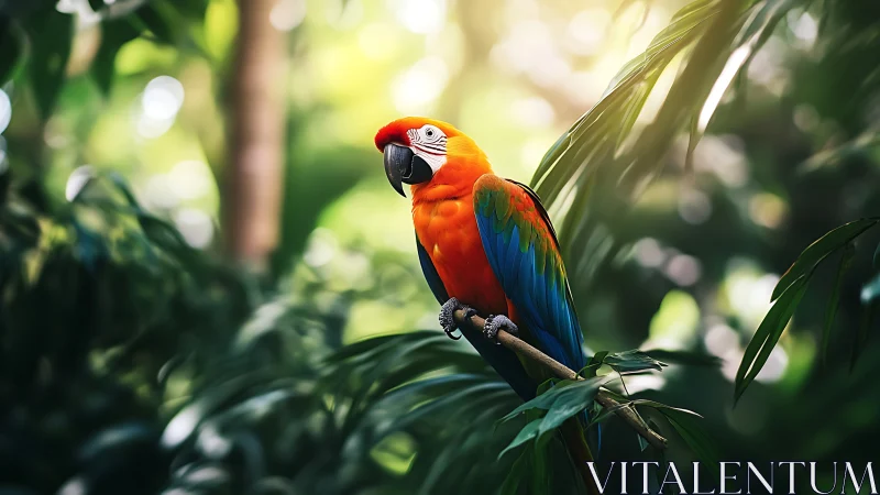 Vibrant Scarlet Macaw on Jungle Branch, Nature Photography Style.