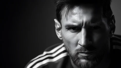 Sharply lit portrait of a determined bearded athlete in shadow.