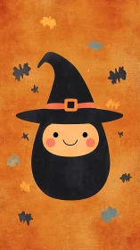 Smiling little witch on a cozy autumn orange backdrop.