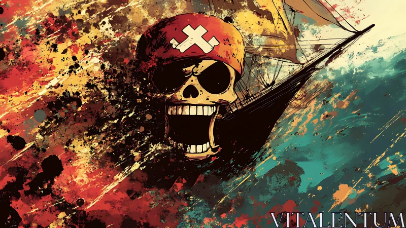 Explosive pirate skull illustration merges ship and storm chaos