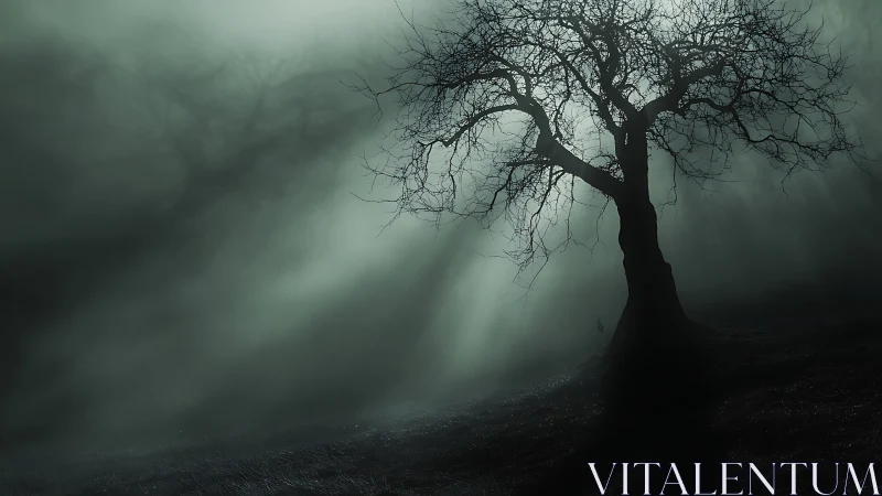 Silhouetted barren tree in moody fog with dramatic backlight.