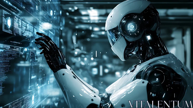 Futuristic robot interacts with glowing holographic data wall.