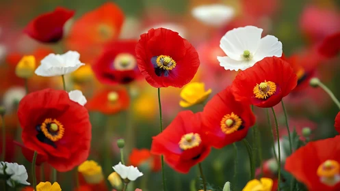 Red and White Poppies in Full Bloom.