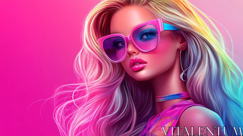 Neon-haired fashion icon poses in vibrant pink glow.