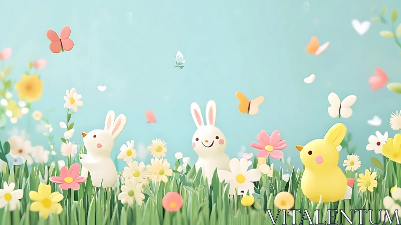 Playful meadow bunnies share a sunny day among soft blooms