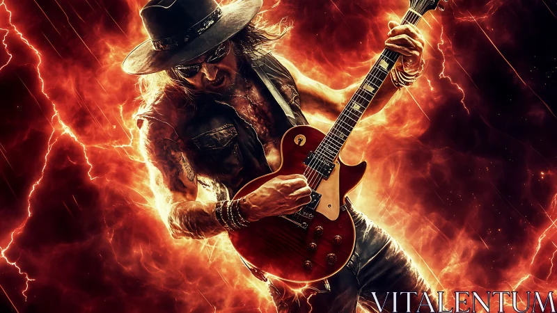 Fiery rock guitarist shredding electric solos in plasma storm.