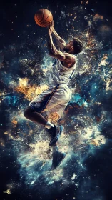 Explosive cosmic slam dunk suspended in dynamic motion.