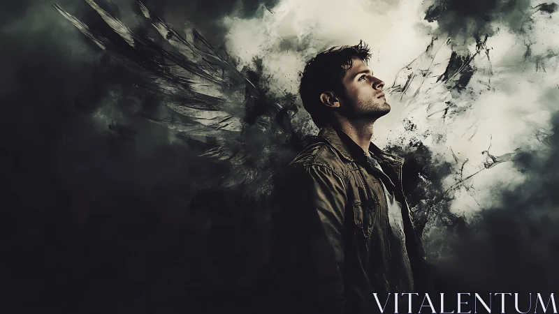 Man stands in profile against abstract dark winged smoke