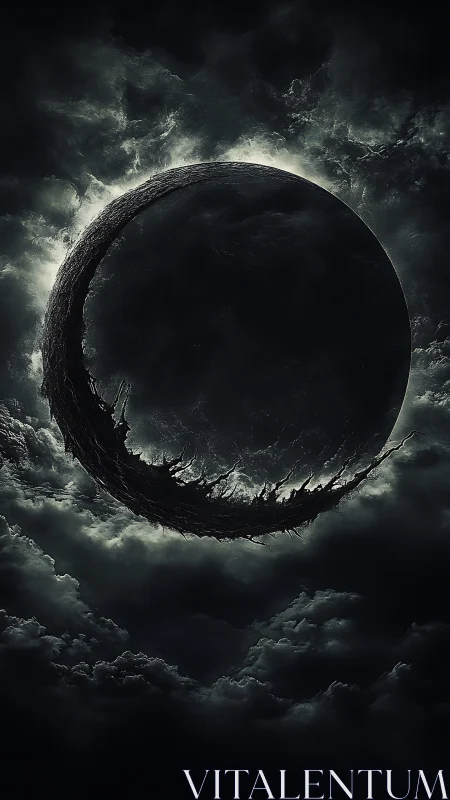 Brooding dark crescent orb hangs softly within storm clouds
