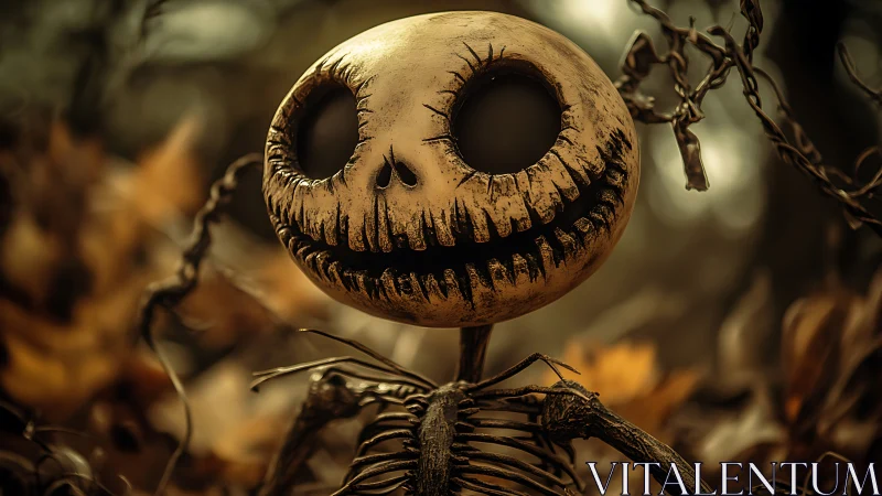 Playful skeleton pumpkin grinning in a cozy autumn forest.