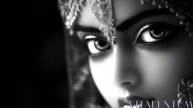 Striking close-up of woman in ornate jewelry, dramatic black and white style.