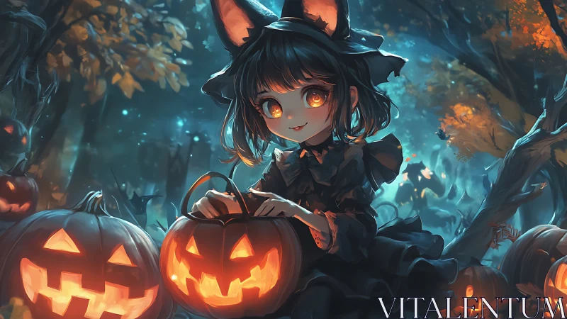 Cat-eared witch girl carves glowing pumpkins in moonlit forest