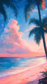 Palm trees on coastal shoreline at colorful sunset sky.