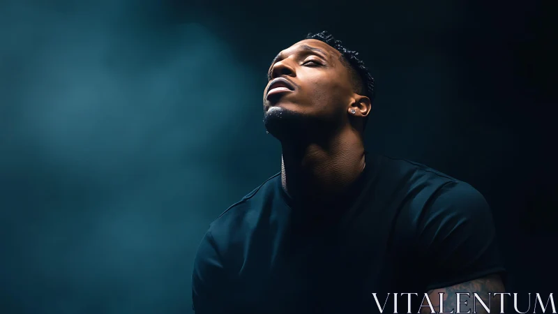 Moody portrait of man in upward gaze under cinematic light.