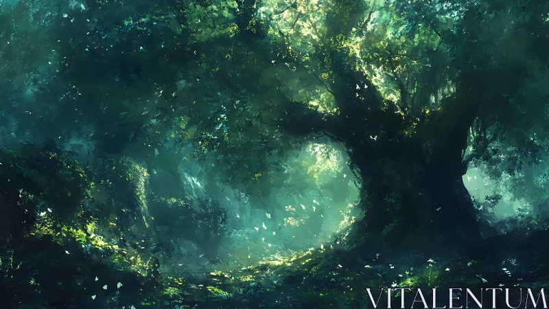 Luminous forest cave with light filtering through canopy