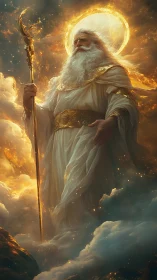 Radiant sky guardian walking through glowing golden clouds.