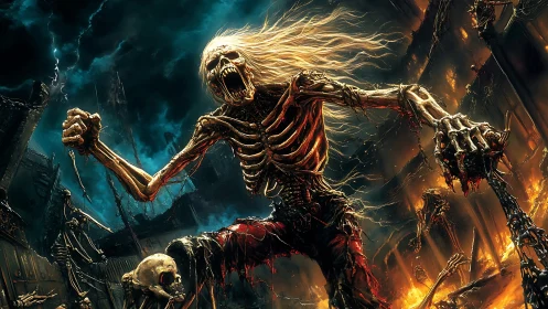 Fiery skeletal warrior rising amid stormlit ruins of chaos.