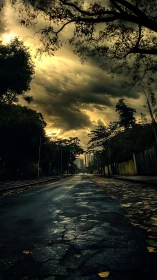 Storm-darkened city street under brooding yellow sky.